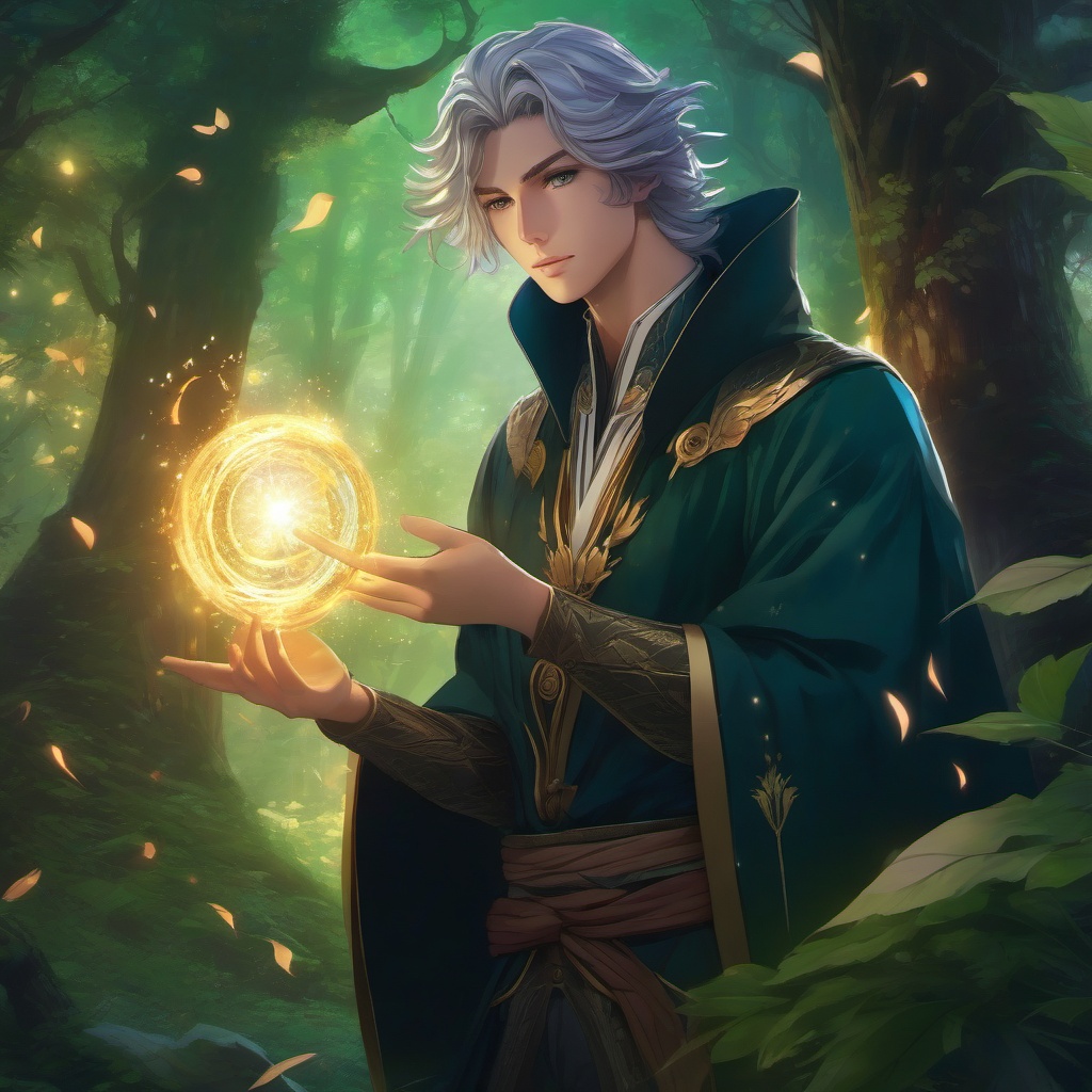 Sorcerer character in a mystical enchanted forest. , aesthetic anime, portrait, centered, head and hair visible, pfp