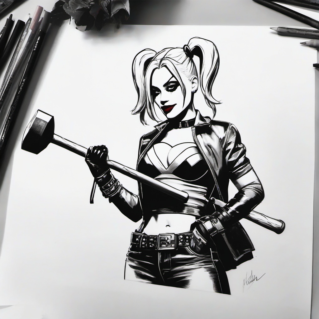 drawing of Harley Quinn holding a mallet  minimal rough sketch scribbles,doodles,black and white