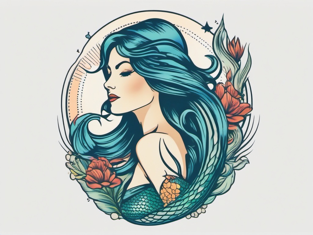 Retro Mermaid Tattoo - Infuse vintage charm with a retro-inspired mermaid-themed tattoo.  simple vector color tattoo,minimal,white background