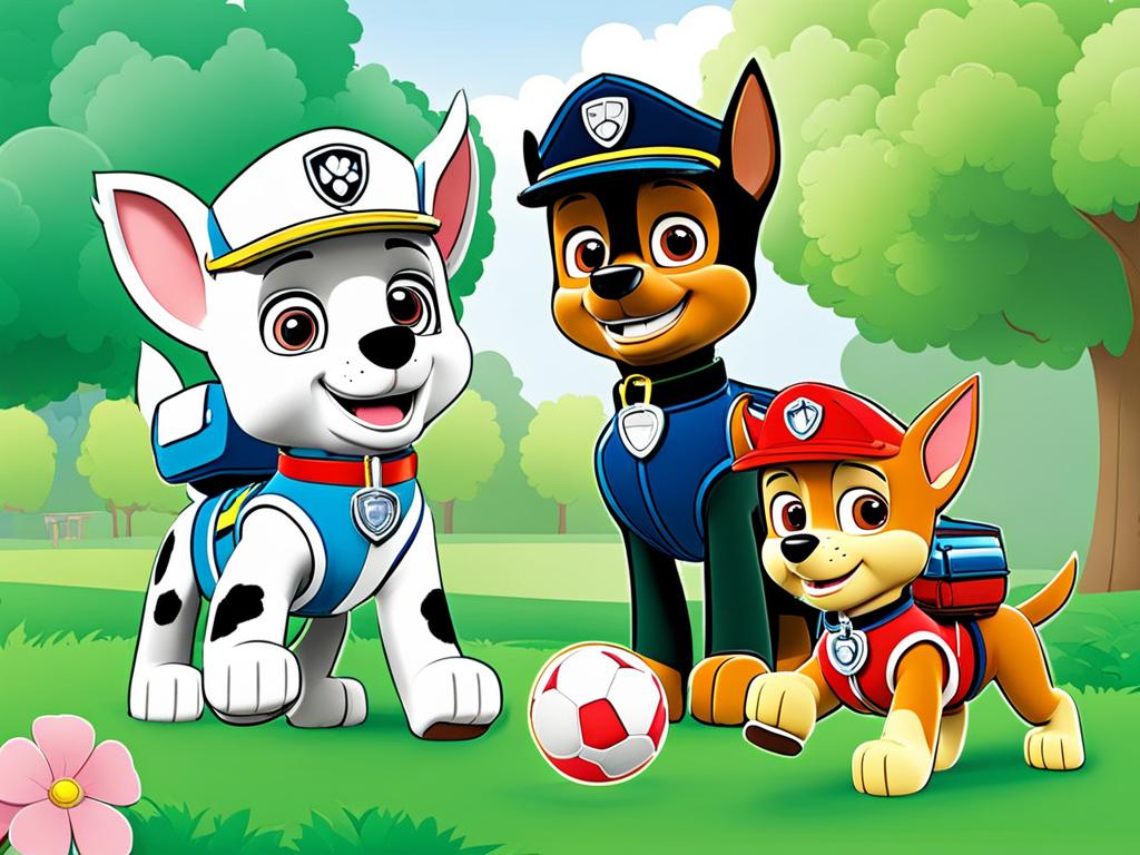 paw patrol coloring pages - chase, marshall, and skye play catch in a sunny park. 