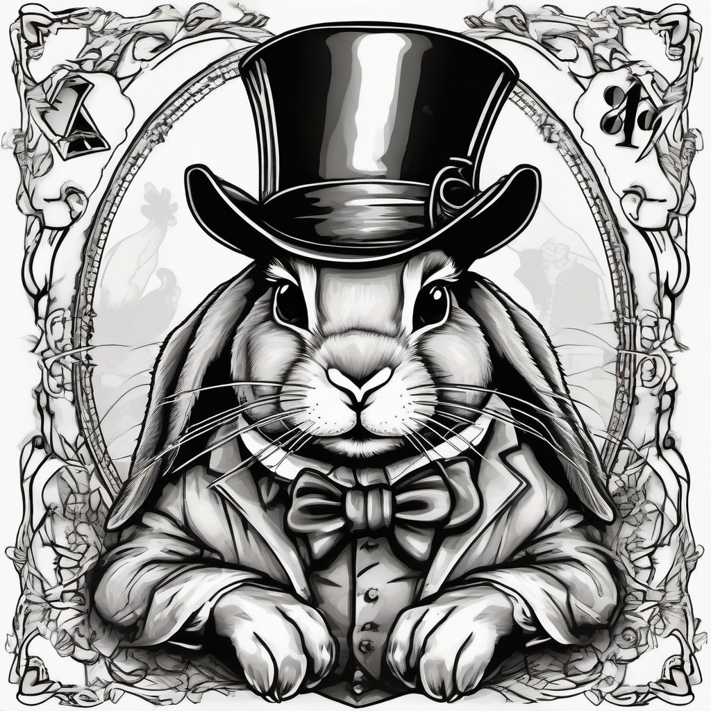 Rabbit with a tophat holding a winning hand of blackjack   ,tattoo design, white background