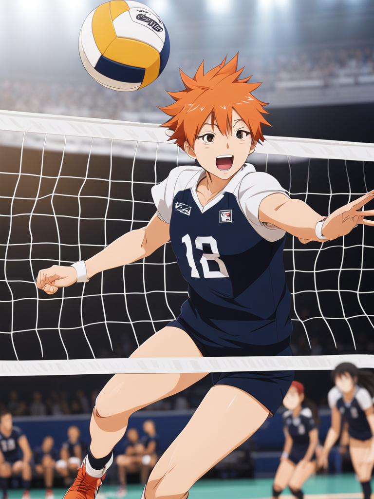 shoyo hinata leaps into the air, spiking a volleyball over a formidable opponent's block. 