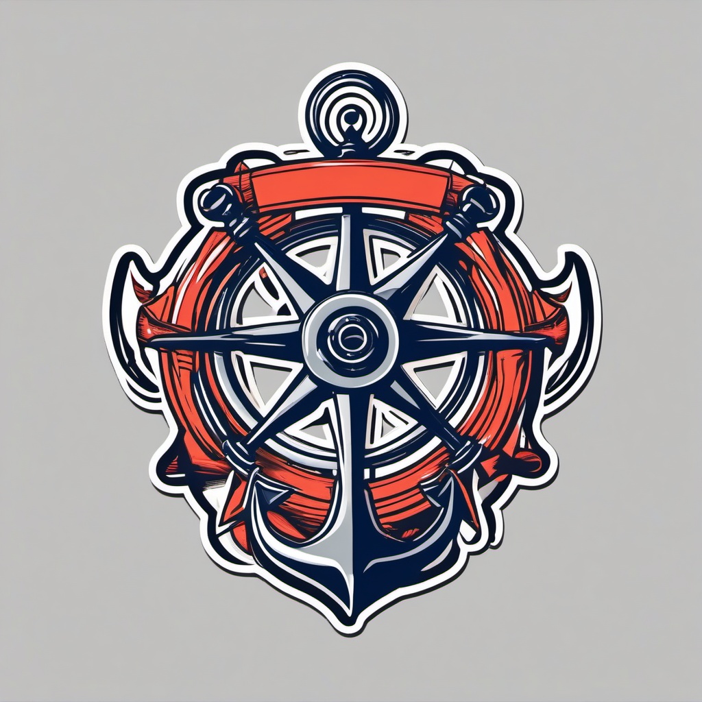 Anchor and Steering Wheel Sticker - Nautical anchor with a ship's steering wheel, ,vector color sticker art,minimal