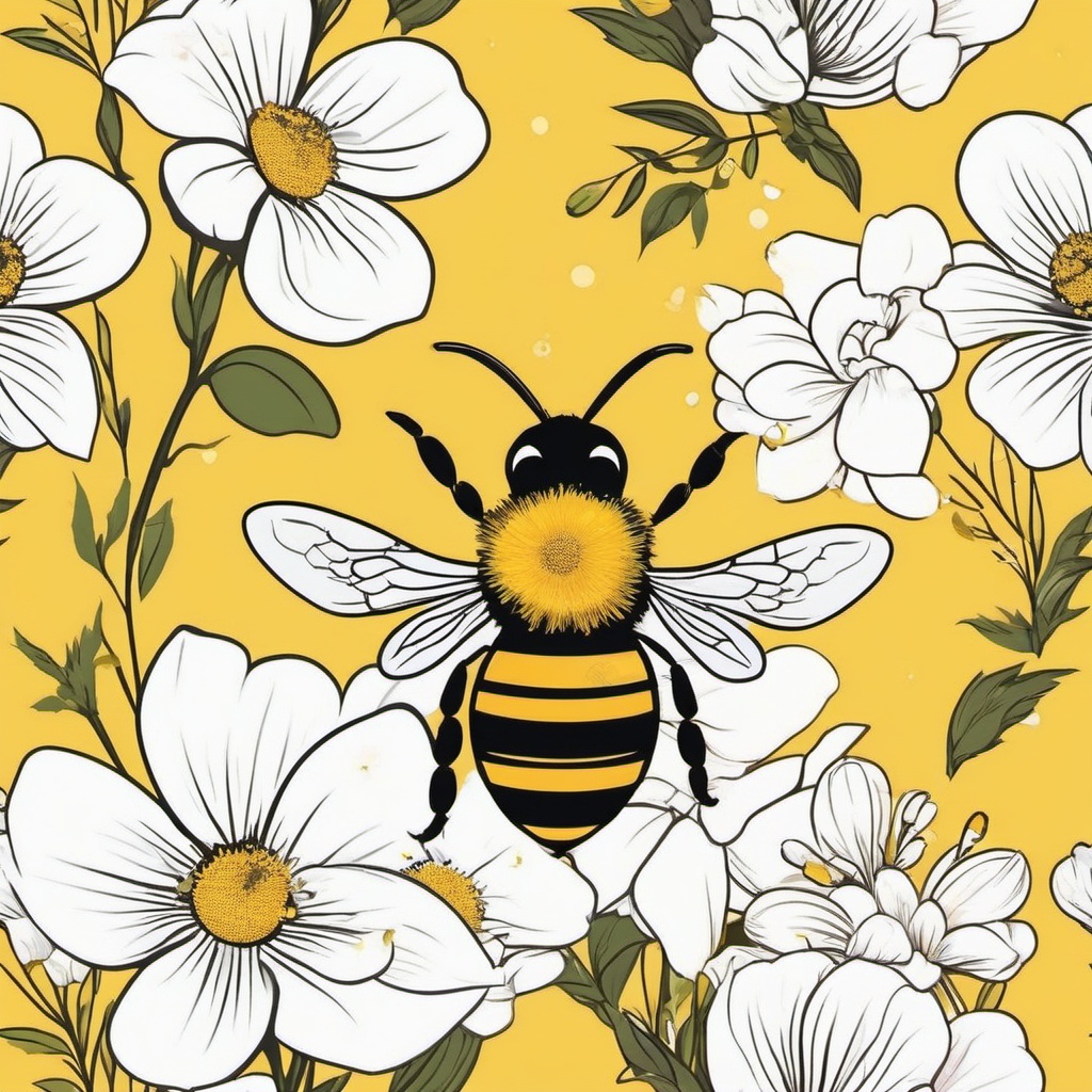 Bee and Flowers clipart - A bee pollinating spring flowers, ,vector color clipart,minimal