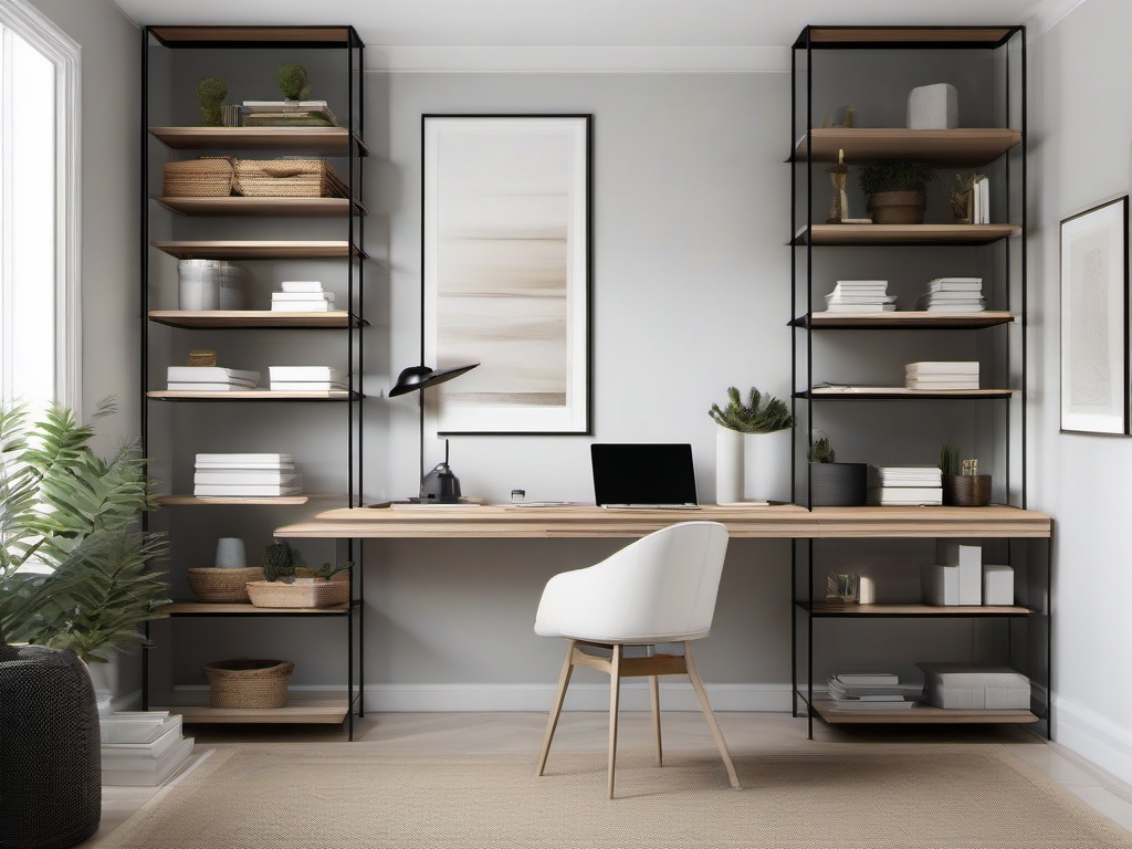 Minimalist home office includes simple furniture, a neutral color palette, and organized shelves, promoting an uncluttered and focused environment.  