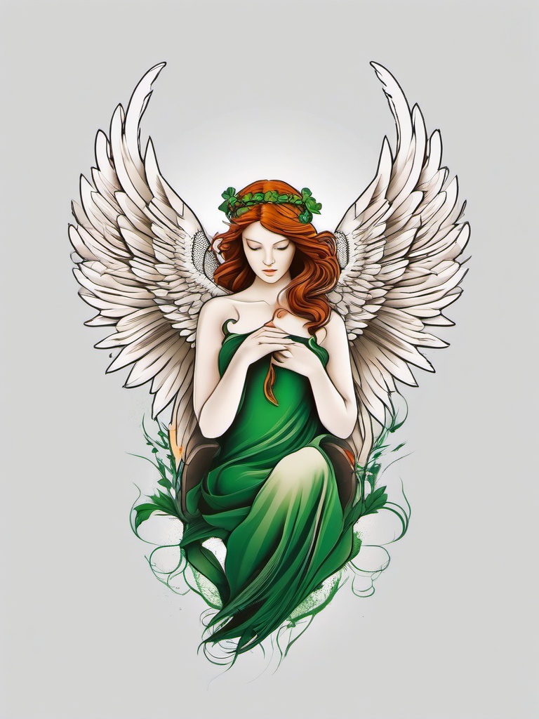 irish angel tattoo  simple color tattoo,minimal,white background