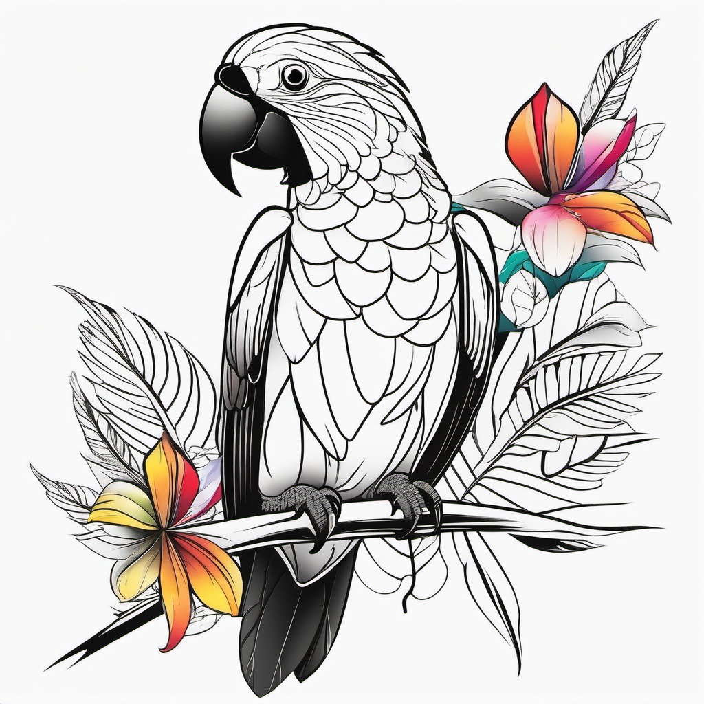 Parrot Tattoo - Parrot with colorful feathers sitting on a tropical branch  few color tattoo design, simple line art, design clean white background