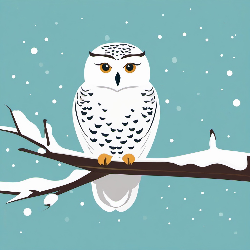 Snowy Owl Clip Art - Snowy owl perched on a branch,  color vector clipart, minimal style