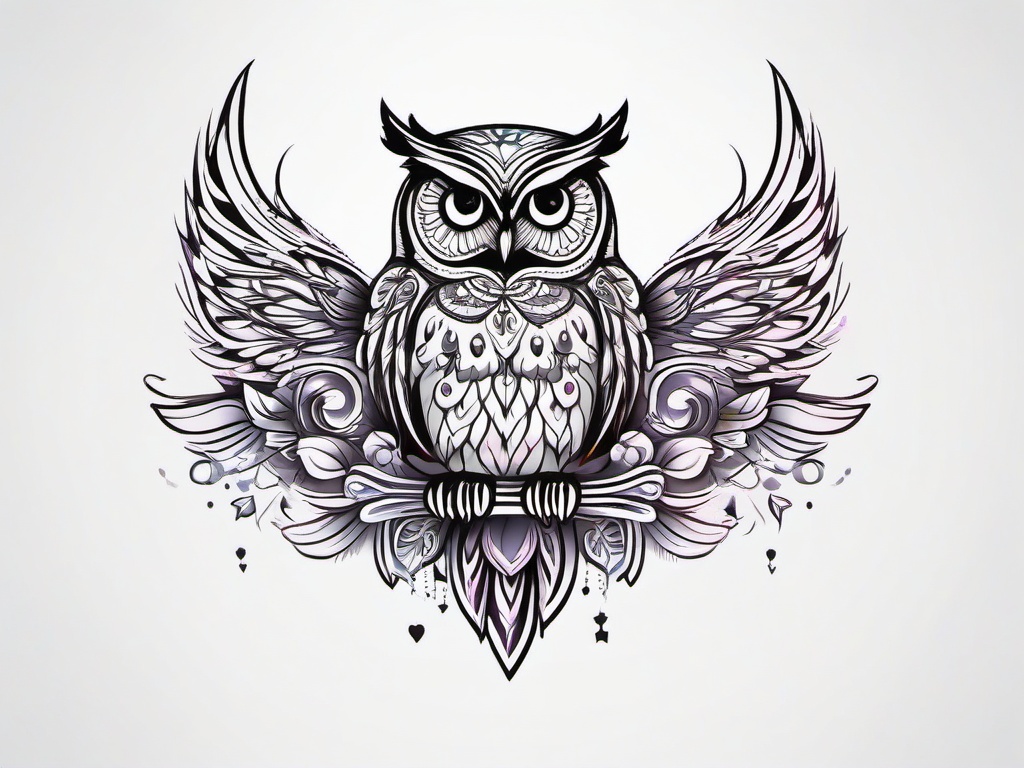 Cute Girly Owl Tattoos - Embrace cuteness and charm with girly and adorable owl-themed tattoos.  simple color tattoo,vector style,white background