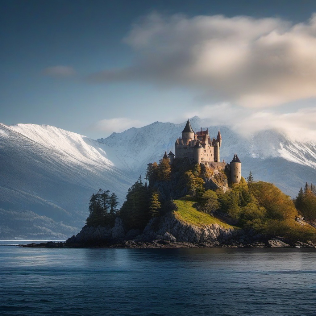 castle on island on ocean with snowy mountains in backgrous