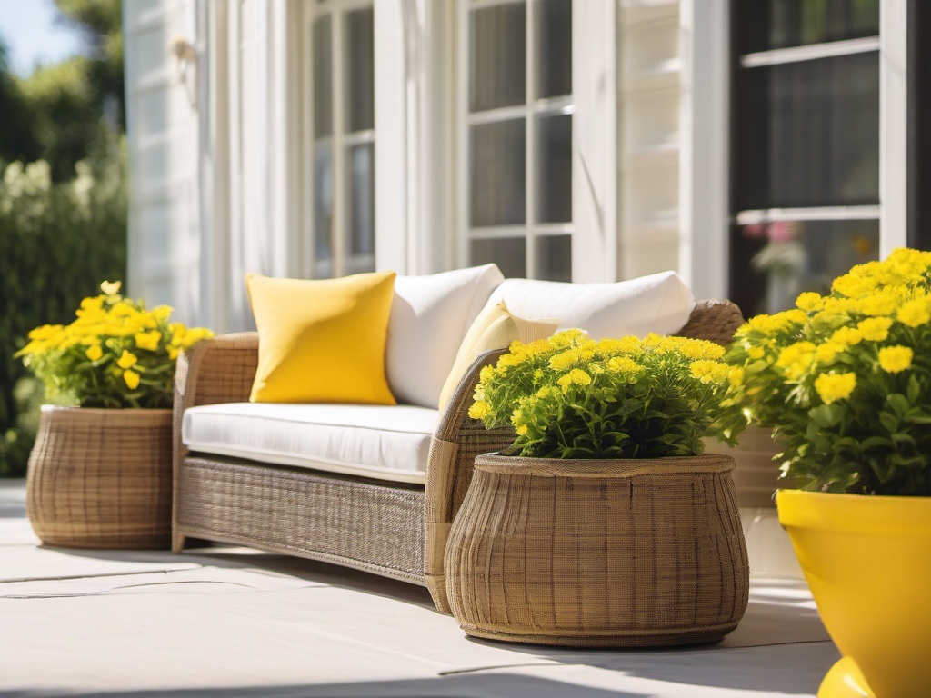 Sunny Patio Space - Sunny patio space with bright yellow accents and potted plants. realistic, professional photography, bokeh, natural lighting, canon lens, shot on dslr 64 megapixels sharp focus