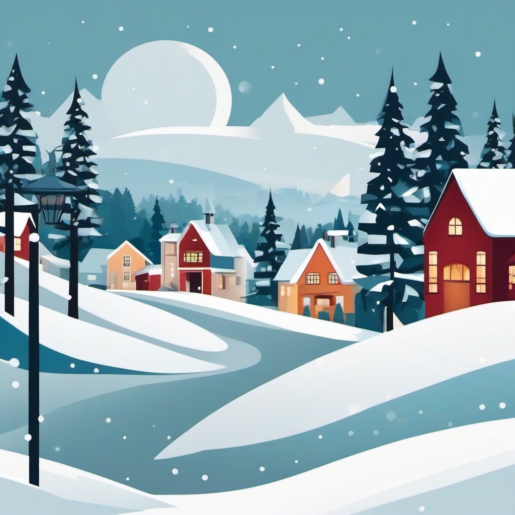 January clipart - snowy village scene with a January banner  color,minimalist,vector clipart