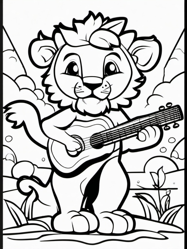 Lion Coloring Pages - Cartoon lion playing a guitar  simple coloring pages