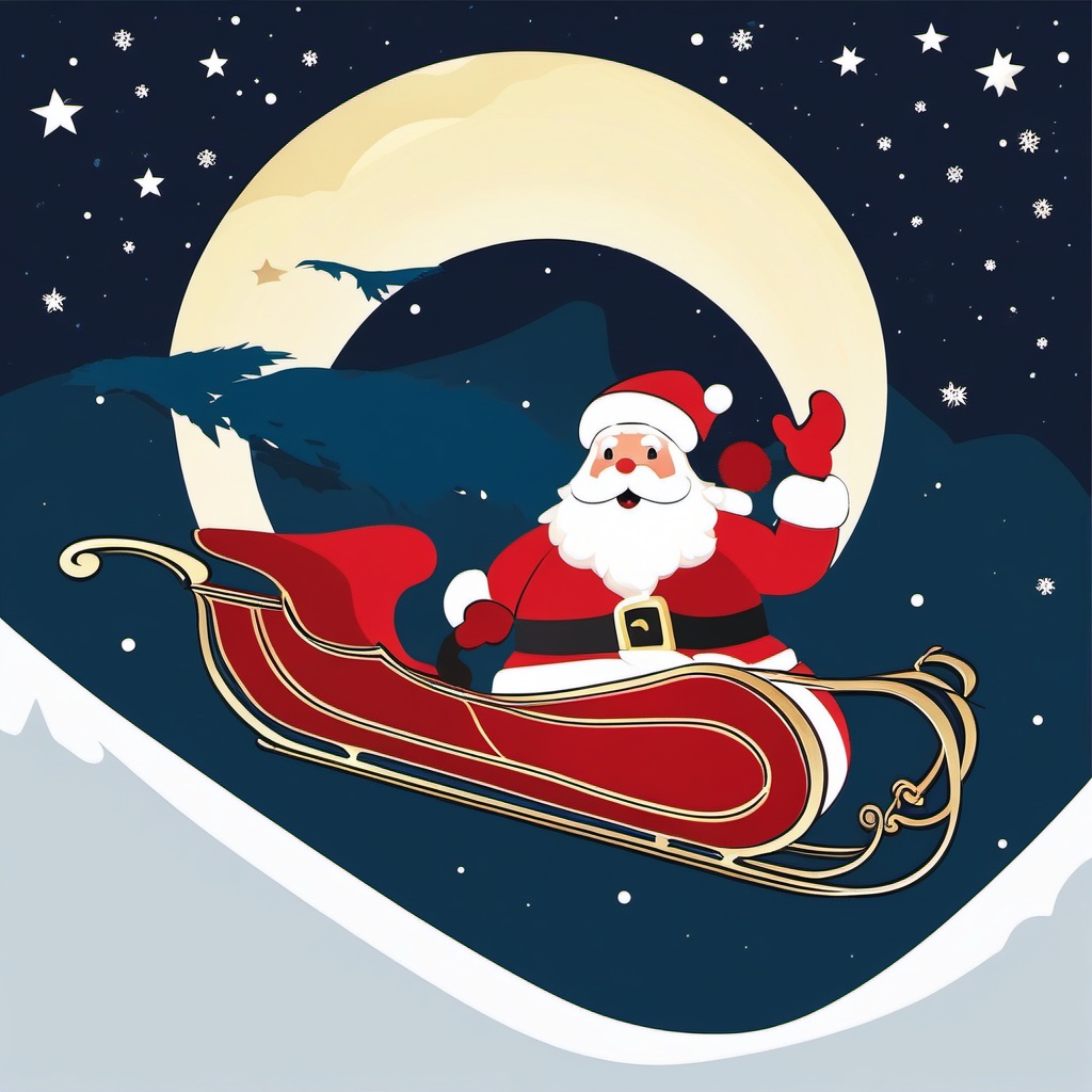 Santa Claus sleigh clipart, Santa Claus on his sleigh flying through the night.  simple, 2d flat