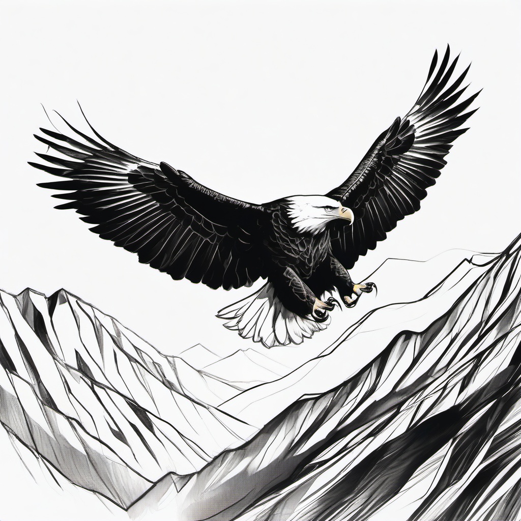 drawing of an eagle soaring above mountains  minimal rough sketch scribbles,doodles,black and white