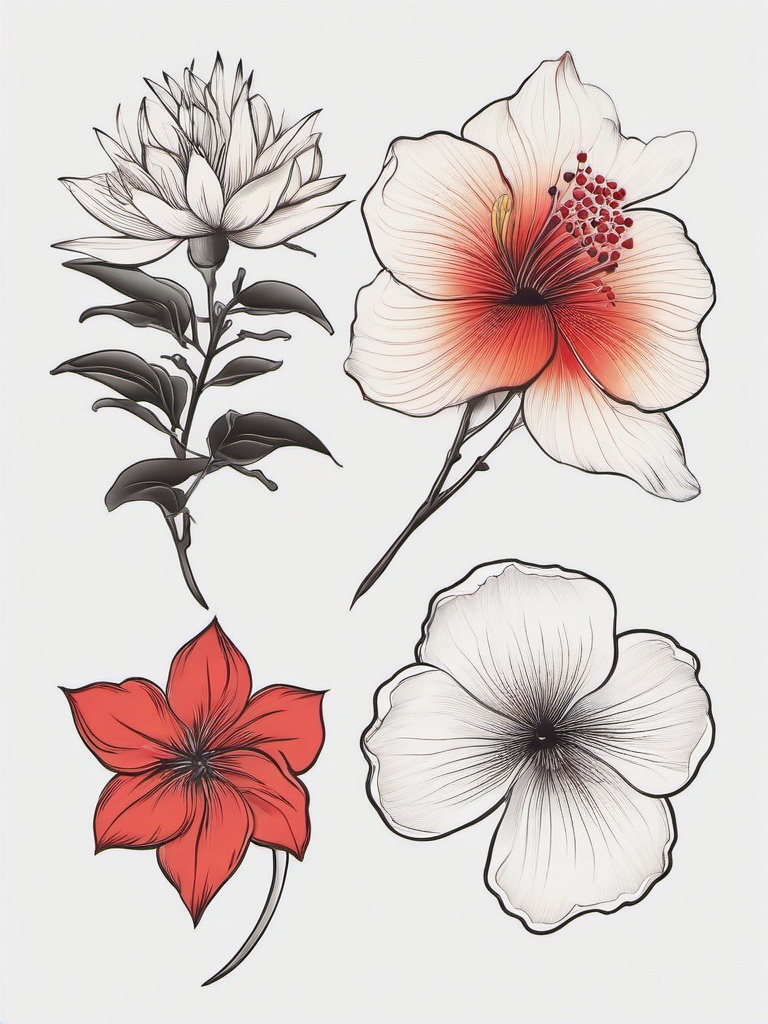 Flowers Used in Japanese Tattoos - Various flowers commonly used in Japanese tattoo art.  simple color tattoo,white background,minimal