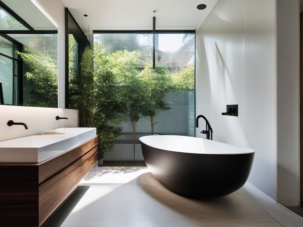 A bathroom with Bauhaus interior design features minimalist fixtures, a glass shower enclosure, and clean lines that turn the space into a stylish and serene oasis.  