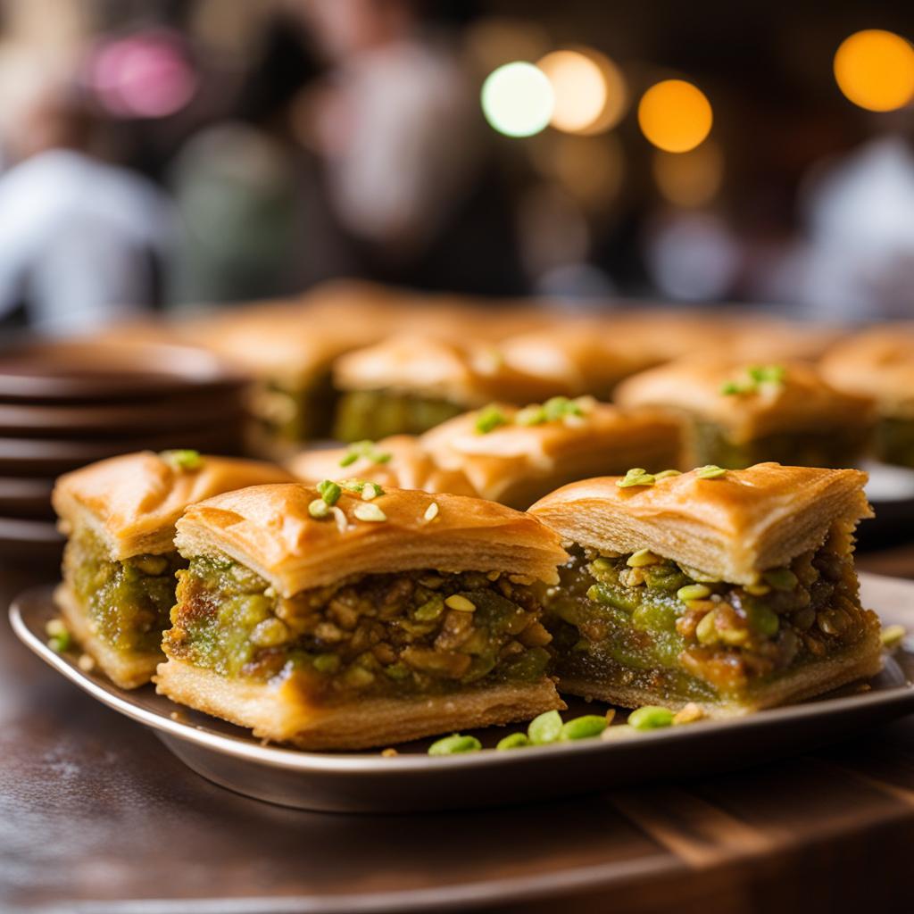 pistachio baklava, a nutty delight, savored at a bustling istanbul bazaar. 