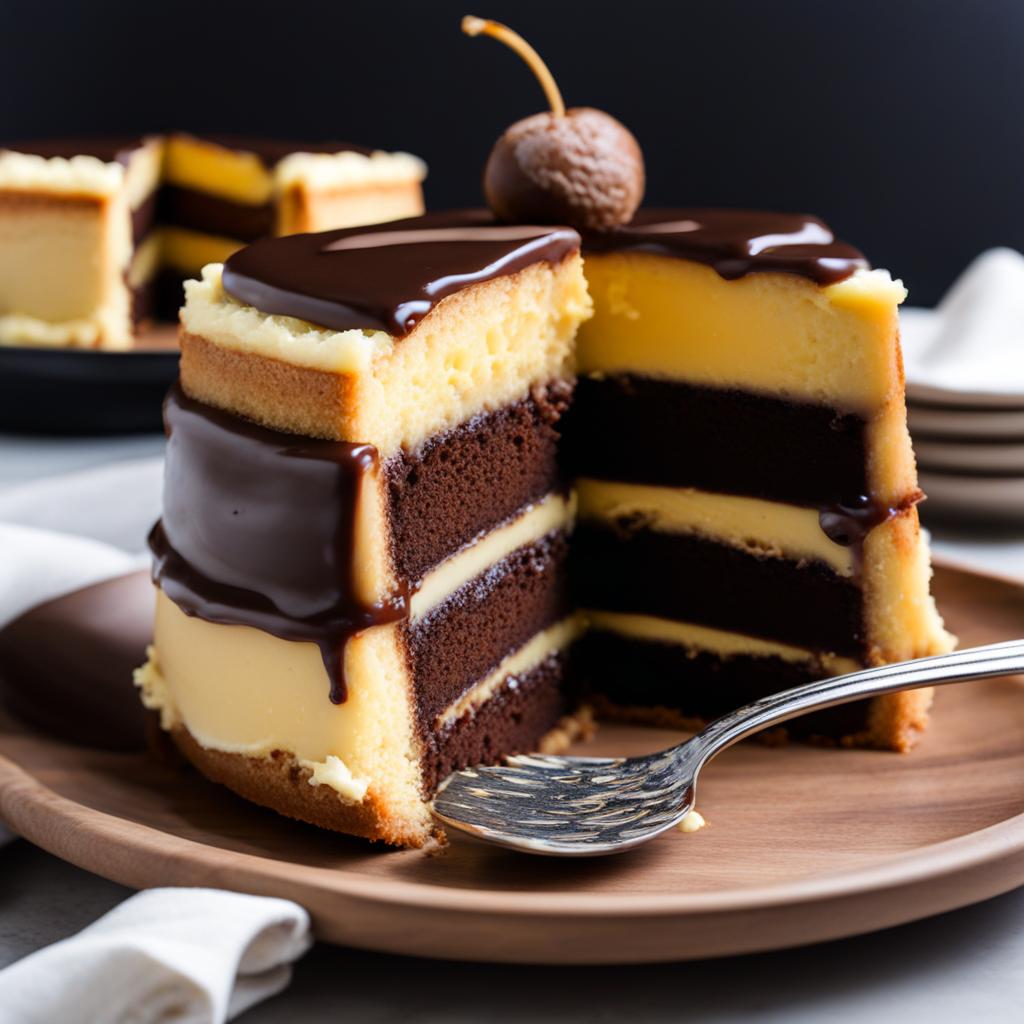 a slice of classic boston cream pie, with layers of sponge cake, pastry cream, and chocolate glaze. 