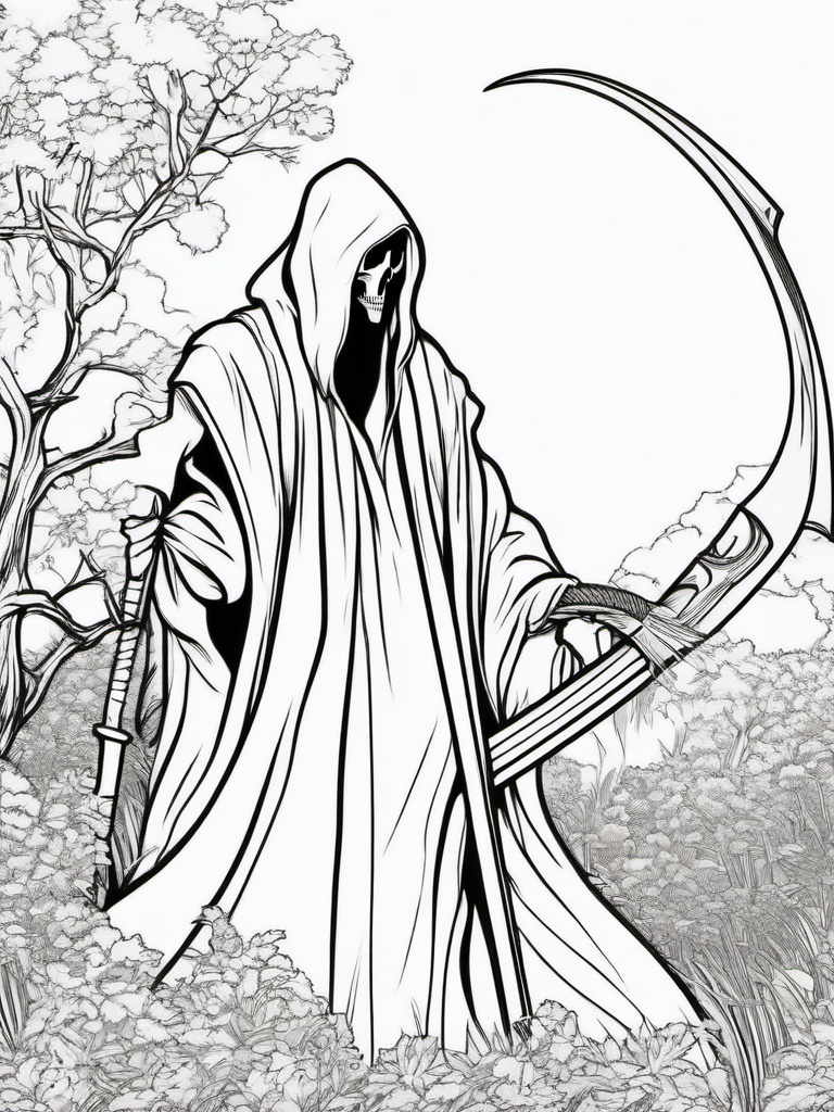 Grim Reaper Coloring Pages - Hooded Figure with Scythe  minimal black outline printable sheet, coloring page