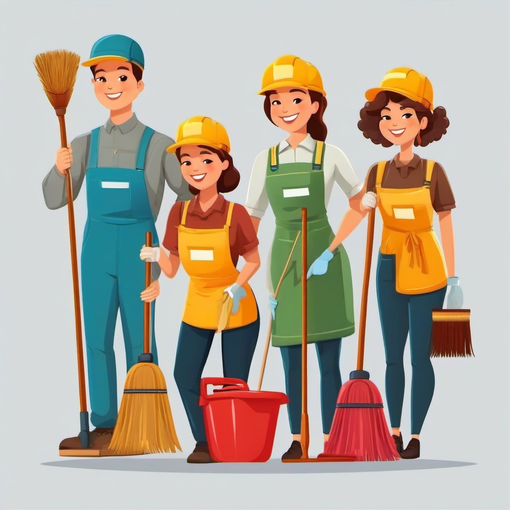 Cartoon cleaning crew with brooms and mops clipart.  vector style illustration, white background