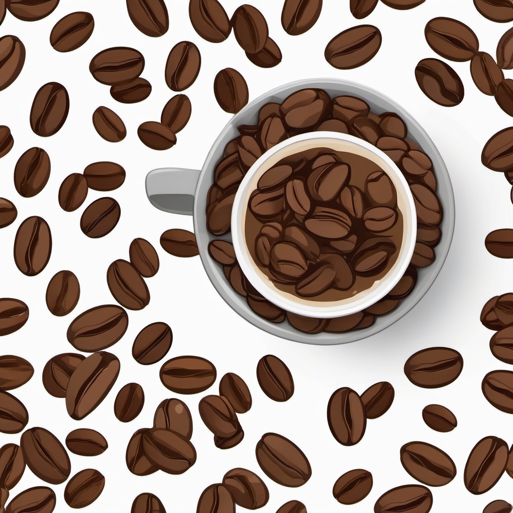 Coffee Beans Sticker - Scattered coffee beans surrounding a coffee cup, ,vector color sticker art,minimal