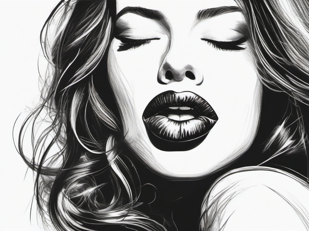 drawing of lips blowing a kiss  minimal rough sketch scribbles,doodles,black and white