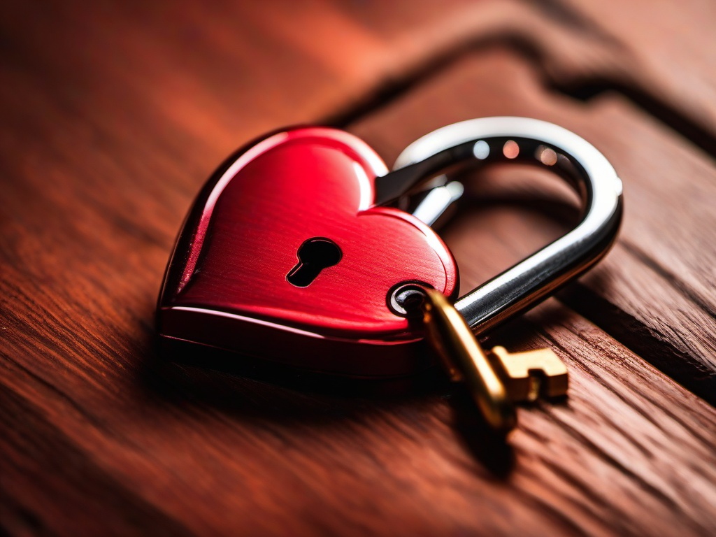 Valentine's Day background - Close-up of a red heart lock and key on a wooden surface  aesthetic background wallpaper