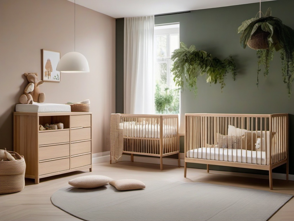 Biophilic interior design in the nursery incorporates natural wood furniture, organic textiles, and plenty of greenery, creating a safe and calming environment for the baby.  