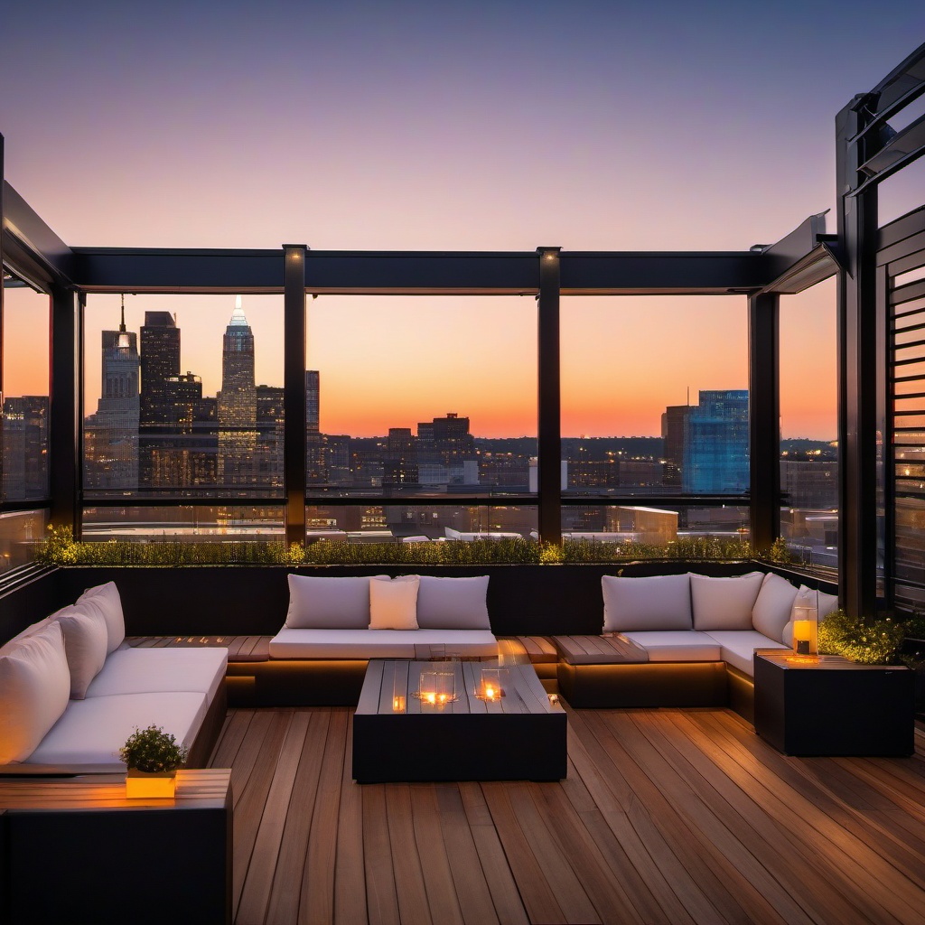 Rooftop Patio Lounge - Rooftop patio lounge with comfortable seating and skyline views. realistic, professional photography, bokeh, natural lighting, canon lens, shot on dslr 64 megapixels sharp focus