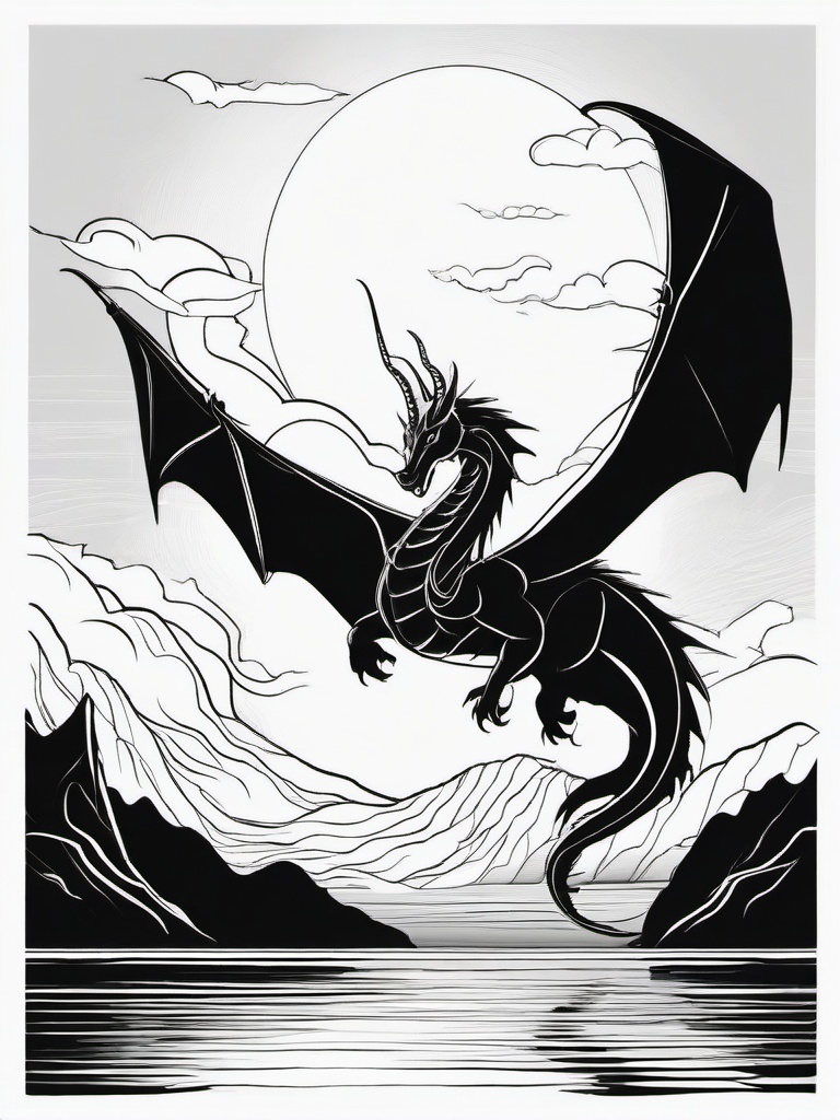 Dragon Flying Over Water Coloring Pages - Majestic Creature Above a Lake  minimal black outline printable sheet, coloring page