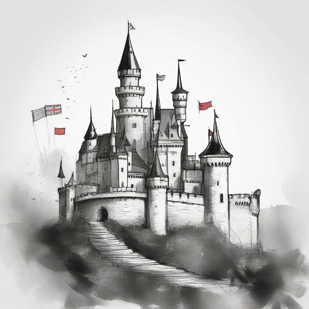 drawing of a fairytale castle with flags  minimal rough sketch scribbles,doodles,black and white