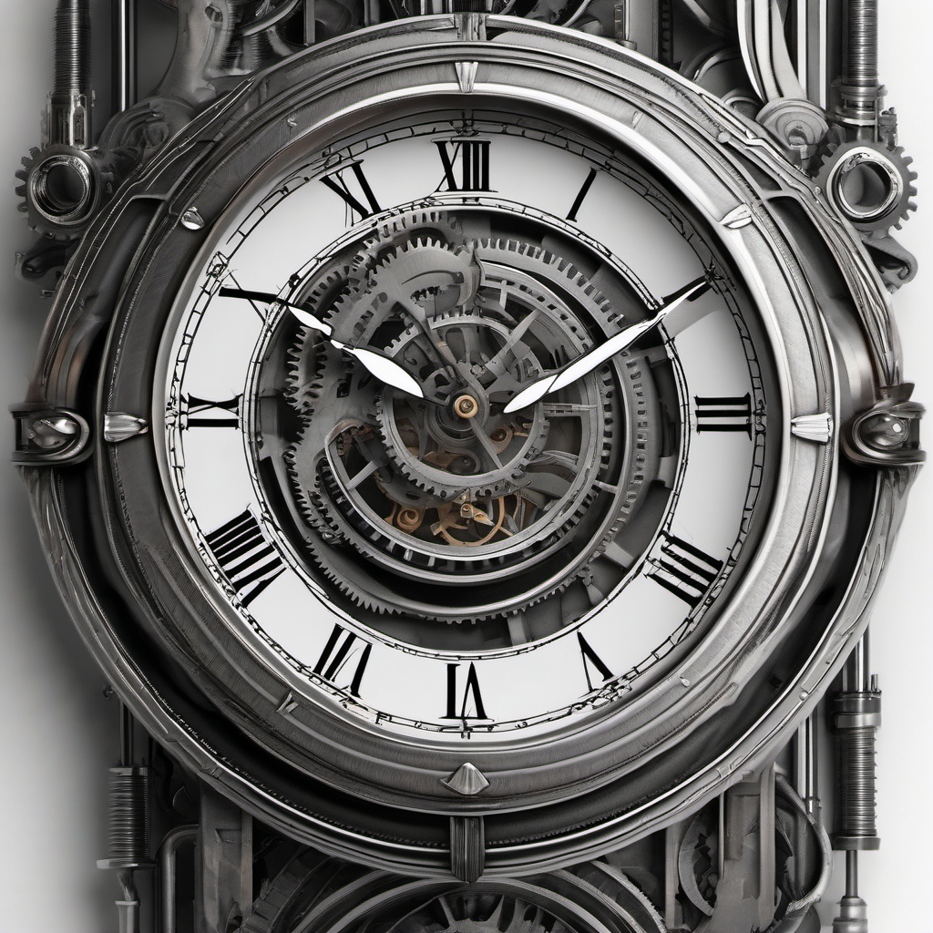 Steampunk clock tattoo: Industrial elegance and intricate mechanics in timeless art.  black white tattoo, white background