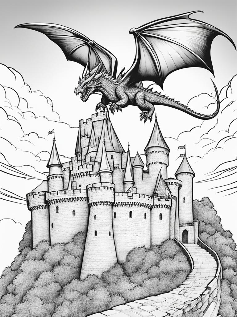 dragon coloring pages - a majestic dragon soars high above a medieval castle. 