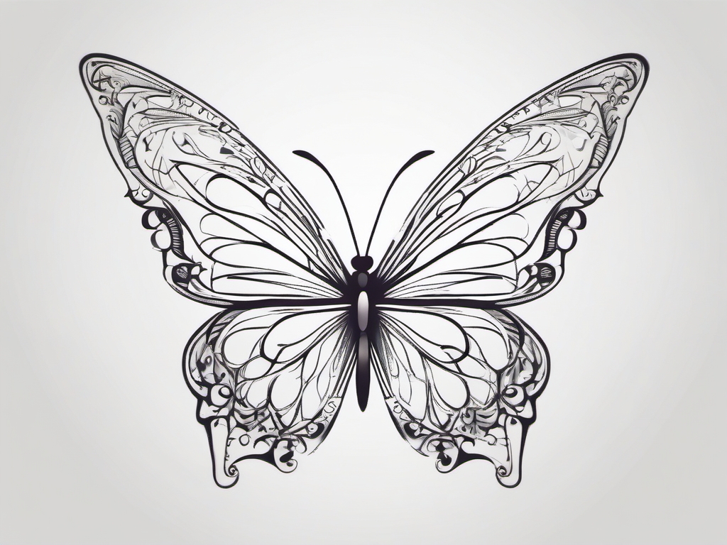 Whimsical Butterfly - Embody the transformative journey of overcoming depression with a whimsical butterfly tattoo.  outline color tattoo,minimal,white background