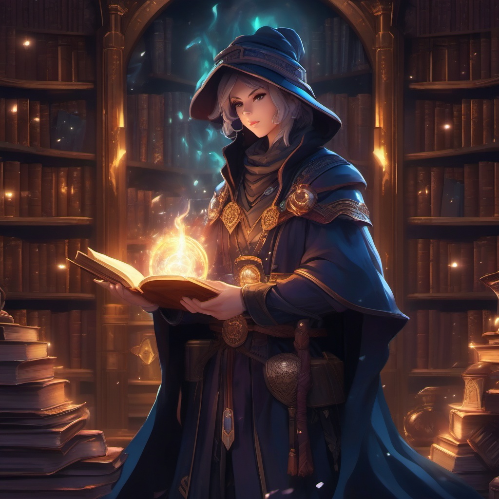 Mysterious mage, surrounded by ancient tomes and mystical artifacts, casting a powerful spell in a hidden arcane library.  front facing ,centered portrait shot, cute anime color style, pfp, full face visible