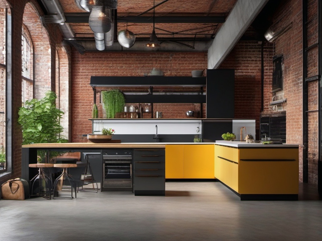 Industrial Loft Vibes - Incorporate industrial elements like exposed brick and metal. , kitchen layout design ideas, multicoloured, photo realistic, hyper detail, high resolution,