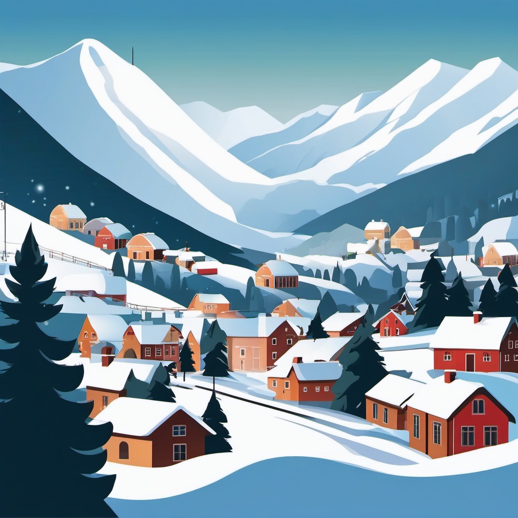 Snow-Covered Town clipart - Snow-covered town in a valley, ,vector color clipart,minimal