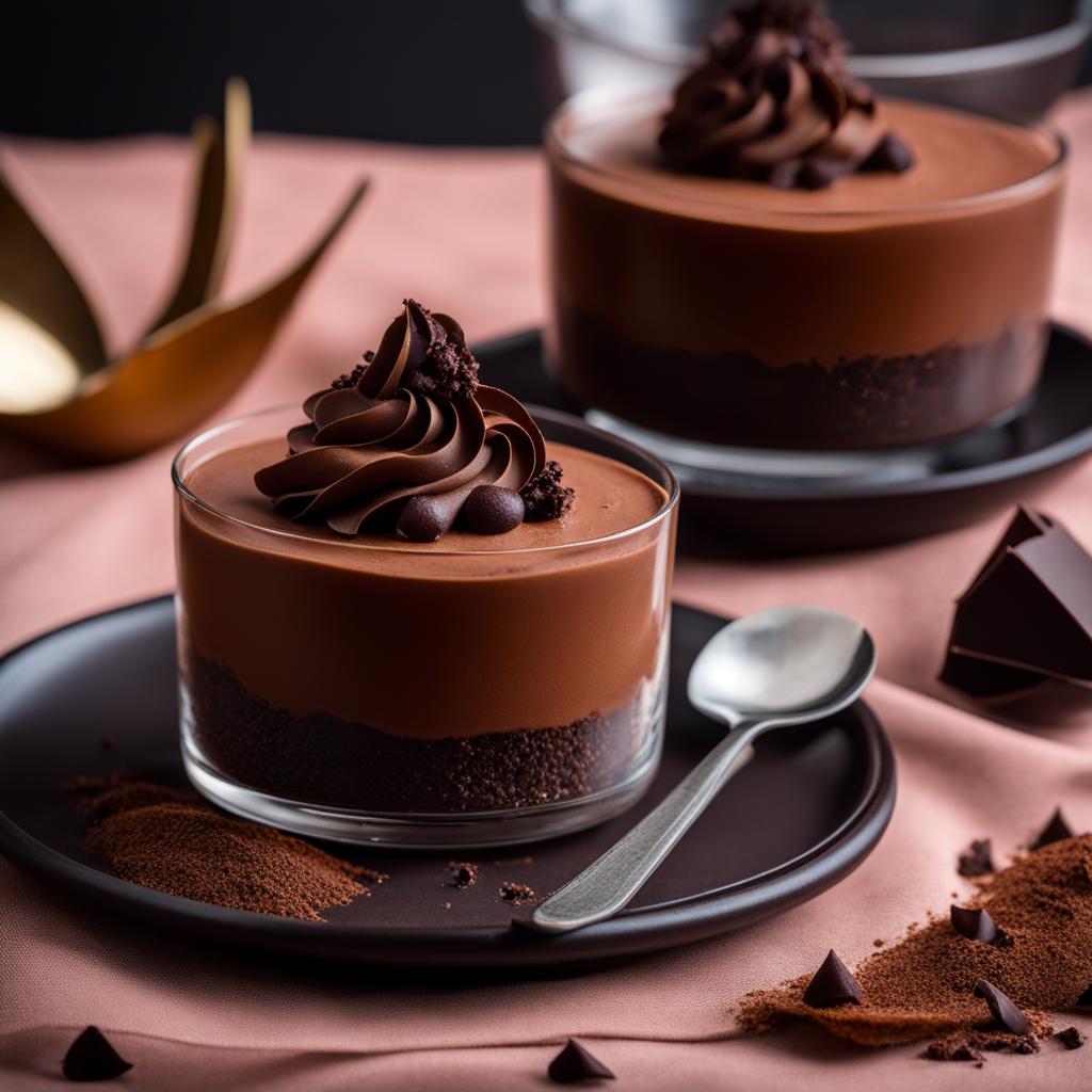 an indulgent chocolate mousse, velvety and rich, garnished with chocolate curls. 