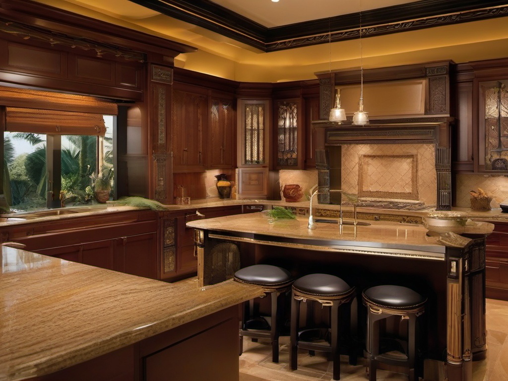 In the kitchen, Egyptian Revival interior design includes ornate cabinetry, rich color palettes, and decorative backsplashes that reflect the grandeur of ancient Egyptian civilization.  