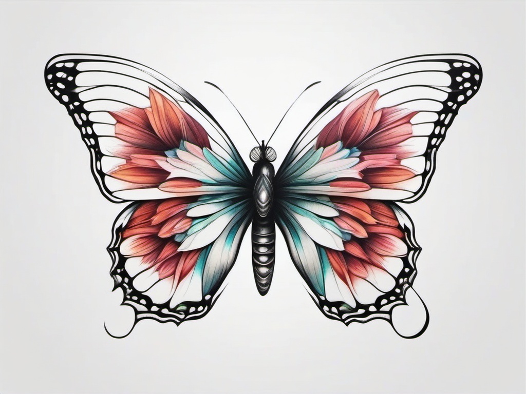 butterfly half flower drawing  simple color tattoo,white background,minimal