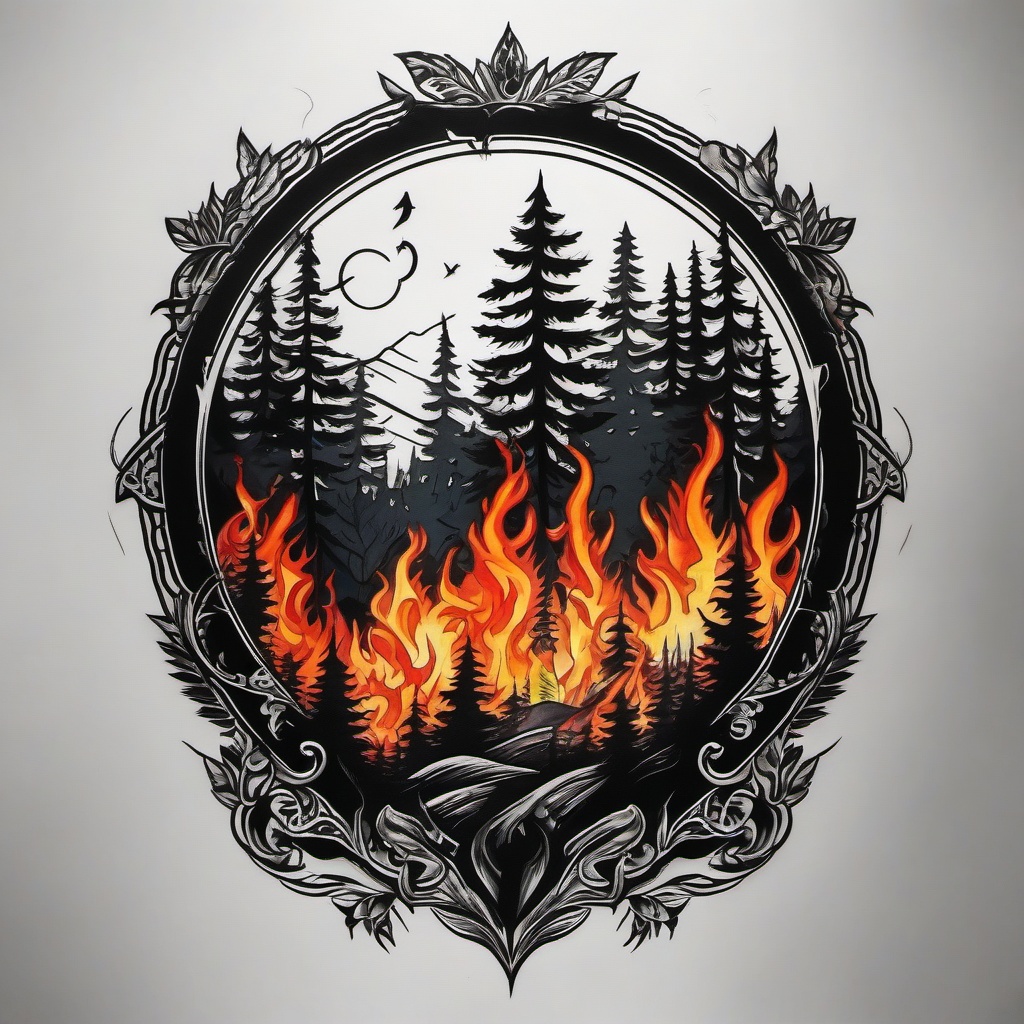 forest fire tattoo  simple color tattoo,white background