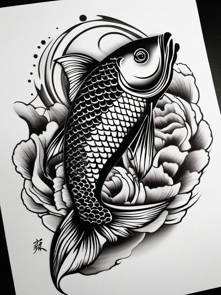 Black Koi Fish Tattoo,a striking black koi fish tattoo, symbolizing determination and perseverance. , color tattoo design, white clean background