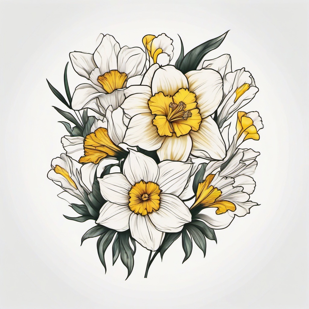 Daffodil and Carnation Tattoo,Celebration of new beginnings and love in a tattoo featuring daffodils and carnations, capturing the essence of freshness and positivity.  simple color tattoo,minimal vector art,white background