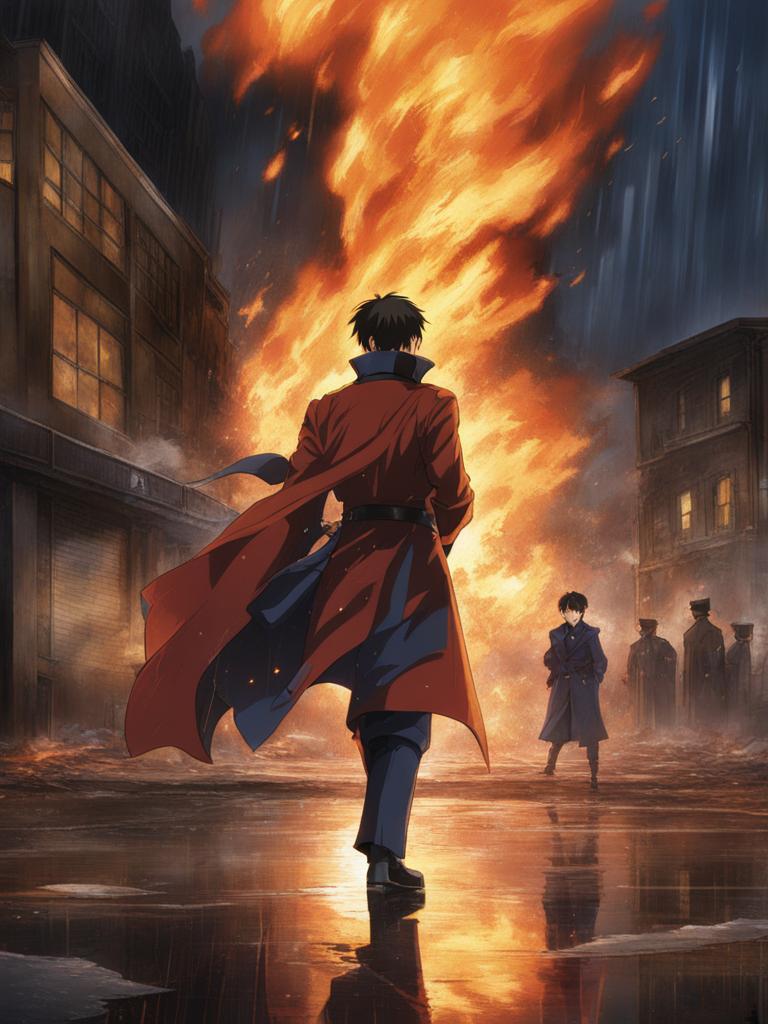 roy mustang creates fiery explosions in a rain-soaked urban battlefield. 