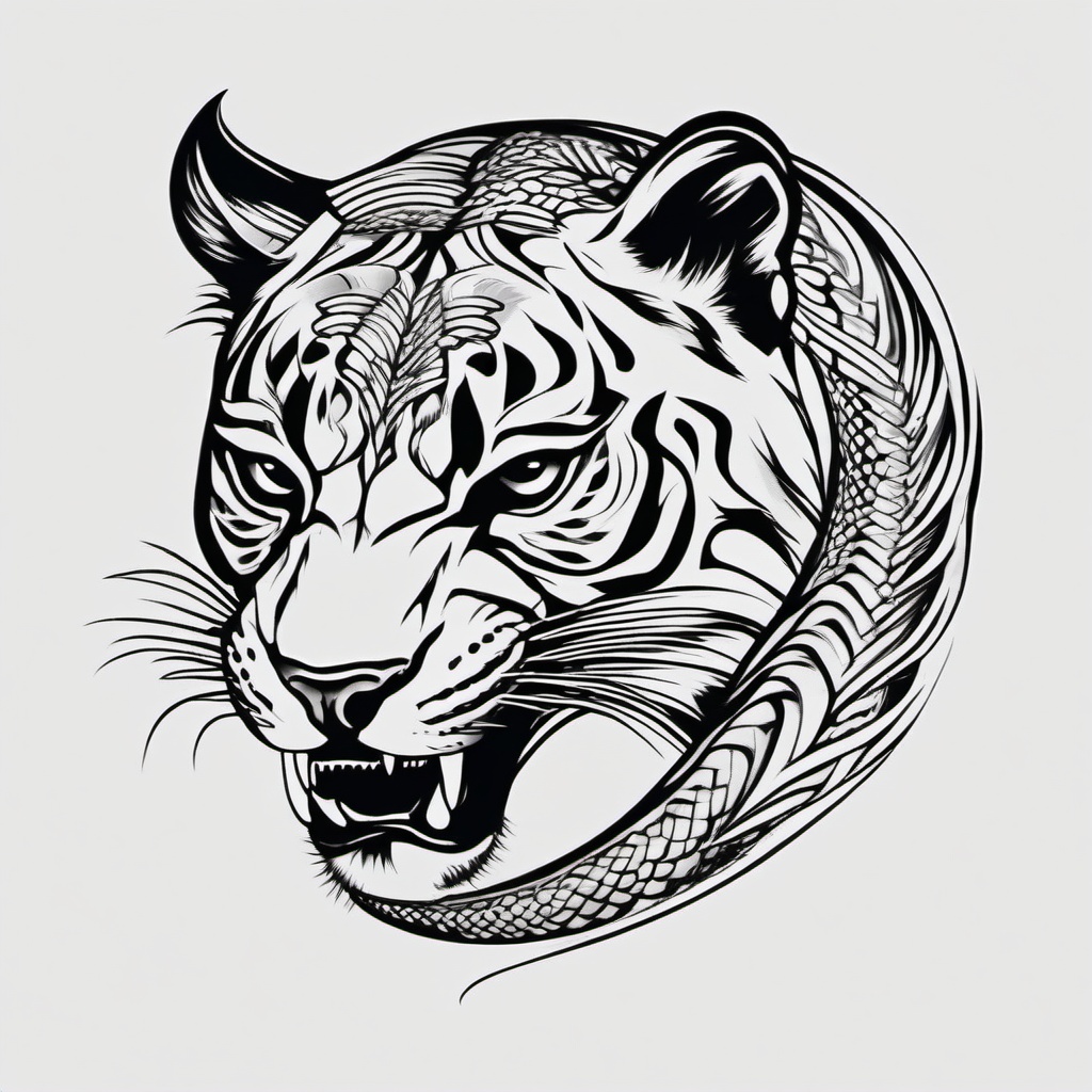 Panther Snake Tattoo-Combination of a panther and a snake in a dynamic and captivating tattoo design.  simple color tattoo,white background