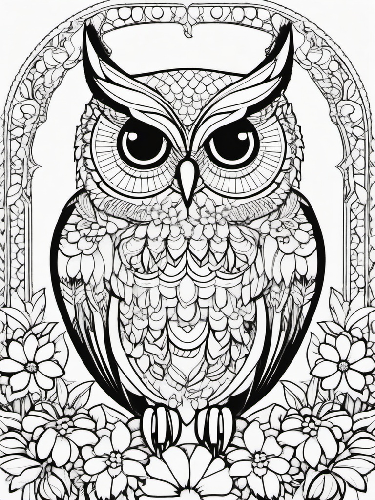 Owl Coloring Pages - Owl in a whimsical garden surrounded by flowers  simple coloring pages