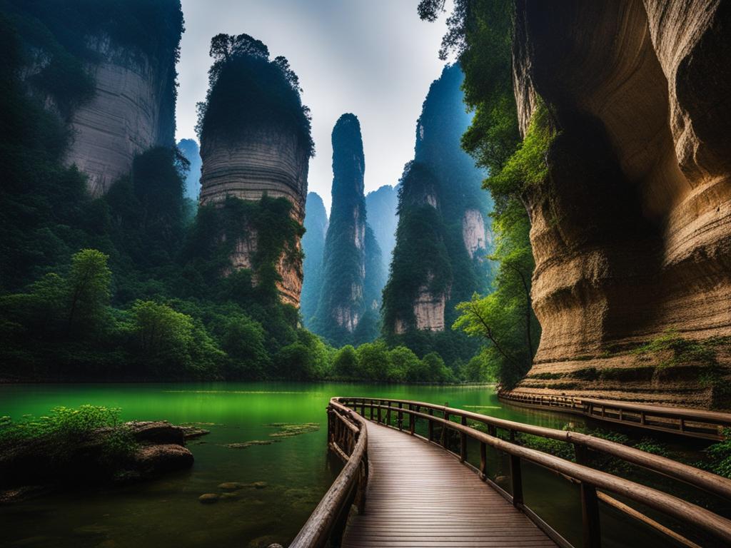 zhangjiajie national forest park, china - capture the towering sandstone pillars of zhangjiajie, inspired by the 'avatar' film, under the moonlight. 