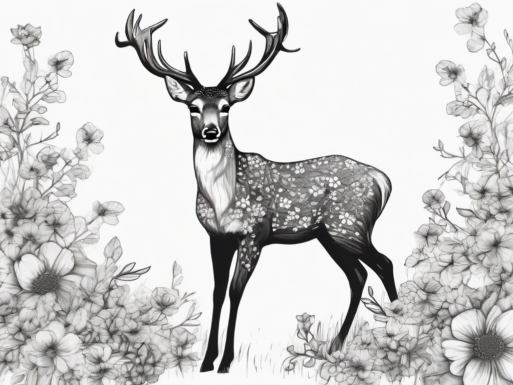 drawing of a deer with flowers  minimal rough sketch scribbles,doodles,black and white