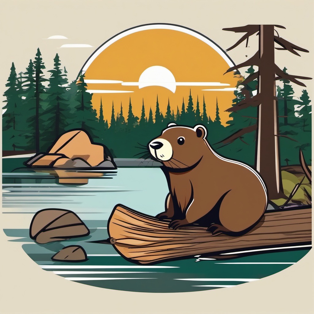 Beaver Clip Art - Diligent beaver building a dam,  color vector clipart, minimal style